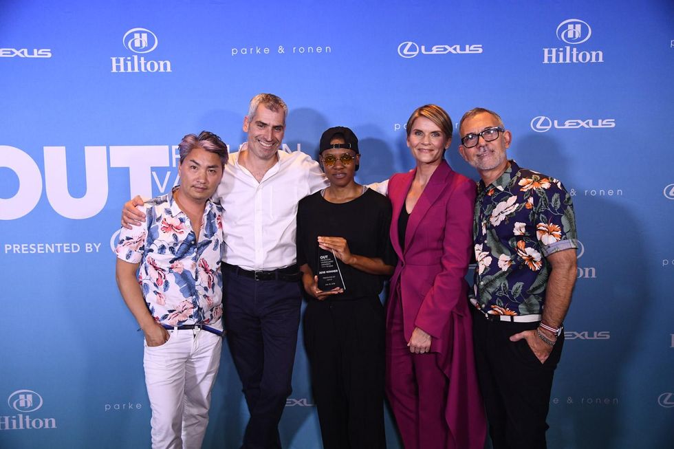 2018 OUT Fashion Vanguard winner Kris Harring (center) with the judges, Parke Lutter, Aaron Hicklin, Cynthia Tenhouse, and Ronen Jehzkel