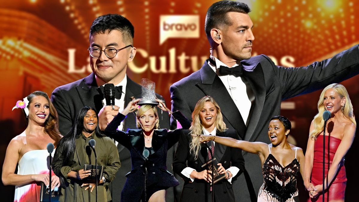 2025 Las Culturistas Culture Awards collage with Bowen Yang and Matt Rogers; Sasha Colby, Law Roach, Allison Janney, Reneé Rapp, Quinta Brunson, Sarah Michelle Gellar