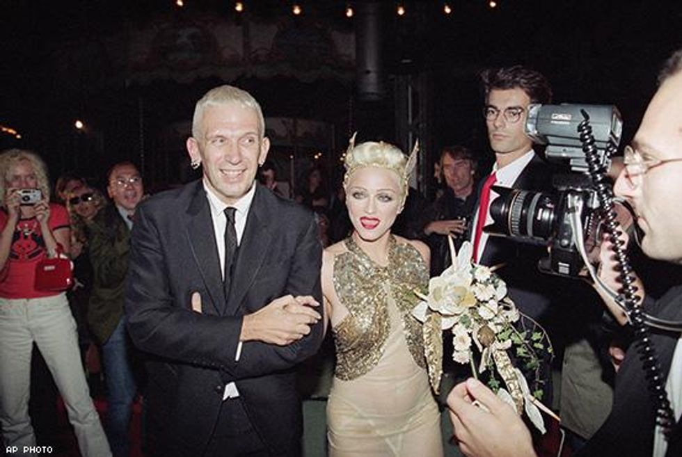 7. Wearing Jean Paul Gaultier at Gaultier’s spring-summer ready-to-wear fashion collection, Paris (1994)