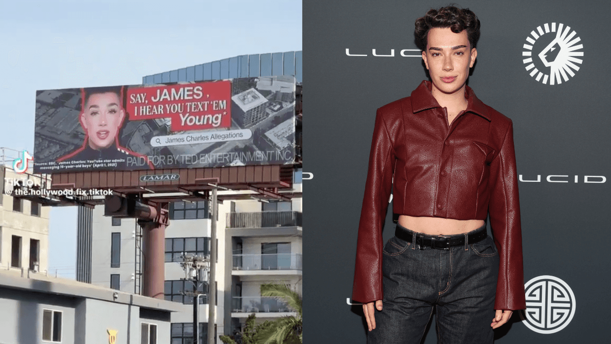 A billboard that reads, "Say James, I hear you text em young," a photo of James Charles posing on a red carpet
