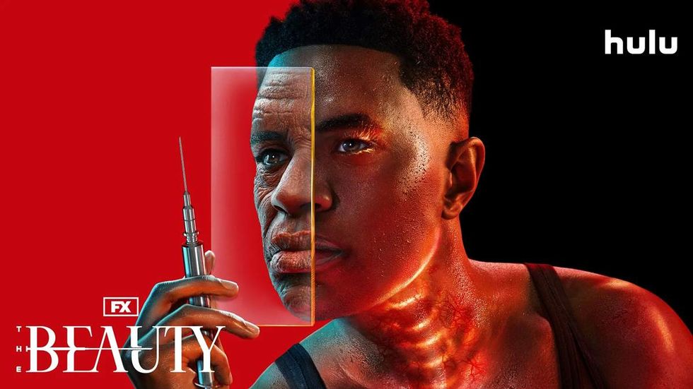 a black man holds an injection needle near his face in poster art for fx series the beauty
