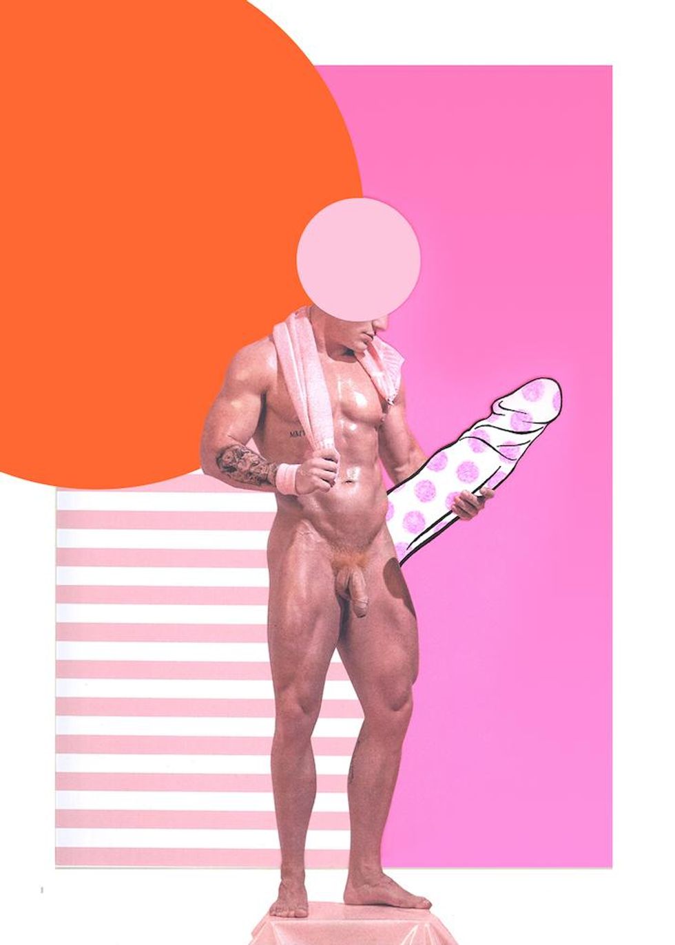 A collage featuring a headless male figure holding a cut out of a penis.