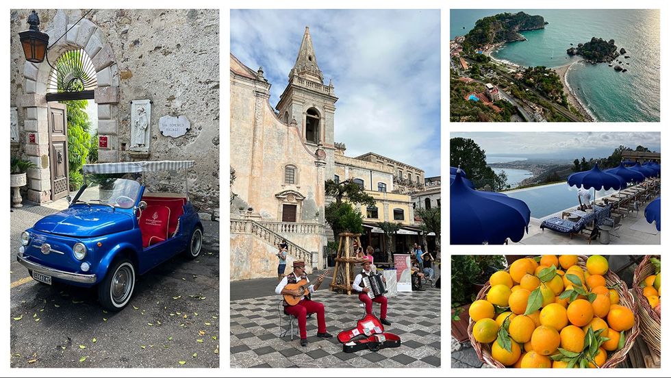 A collage of photos from Sicily with images of a blue car, musicians playing in a plaza, the coast, and oranges