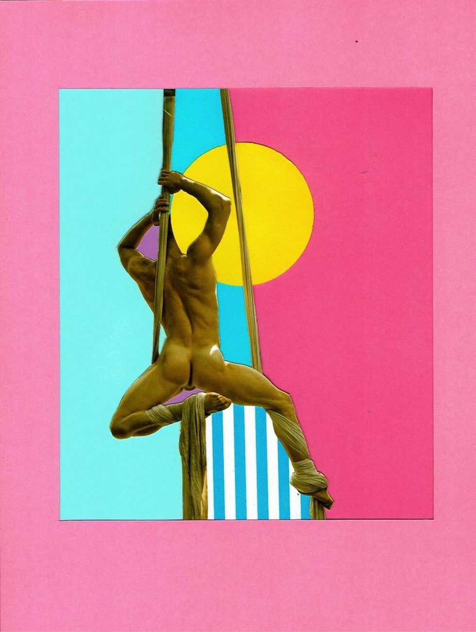 A color punching collage of a naked man's back and butt against a beautiful skyscape.