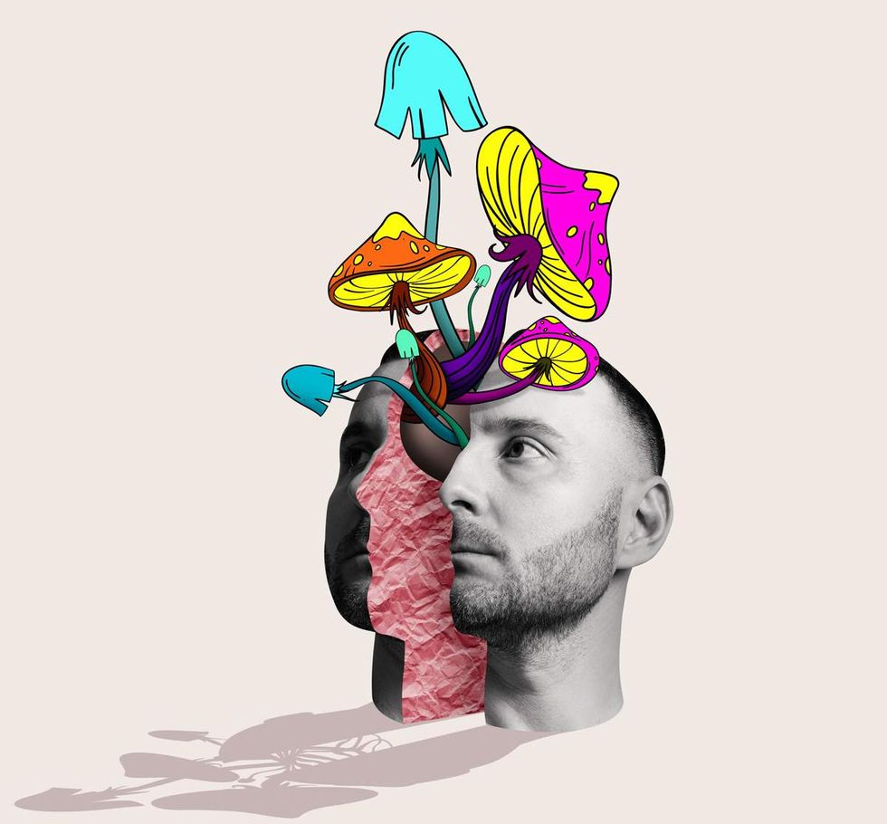 a conceptual image of a man with cartoonish mushrooms emerging from his head