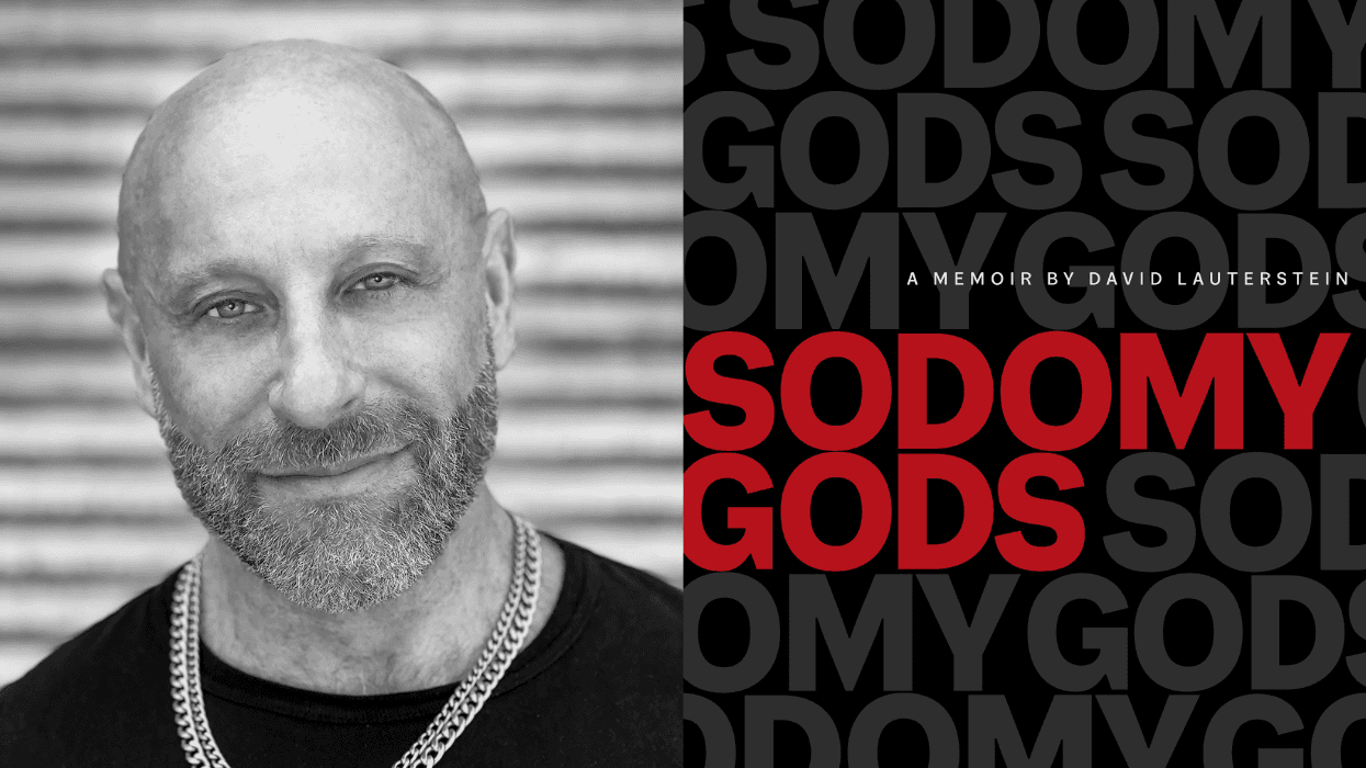 A dip of a portrait of David Lauterstein and the 'Sodomy Gods' cover art