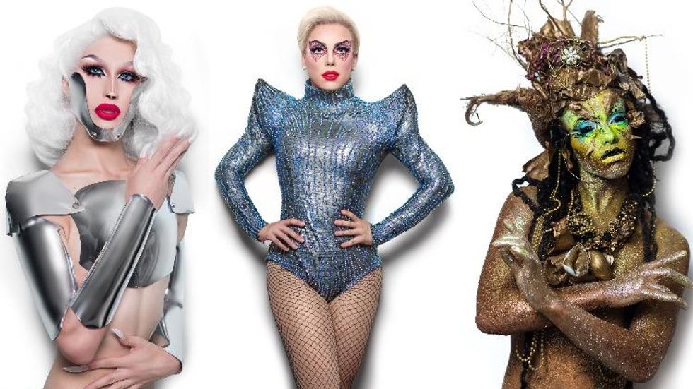 A diptych of Nicky Doll and Pete Davidson in drag.