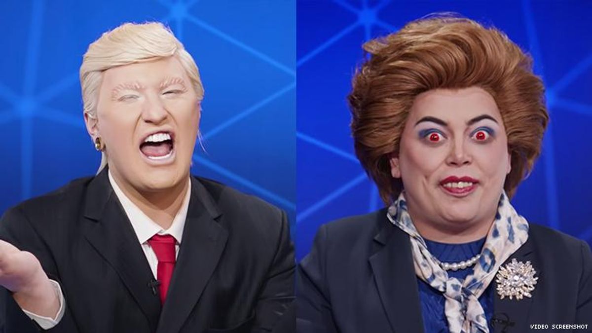 A diptych of The Vivienne as Donald Trump and Baga Chipz as Margaret Thatcher.