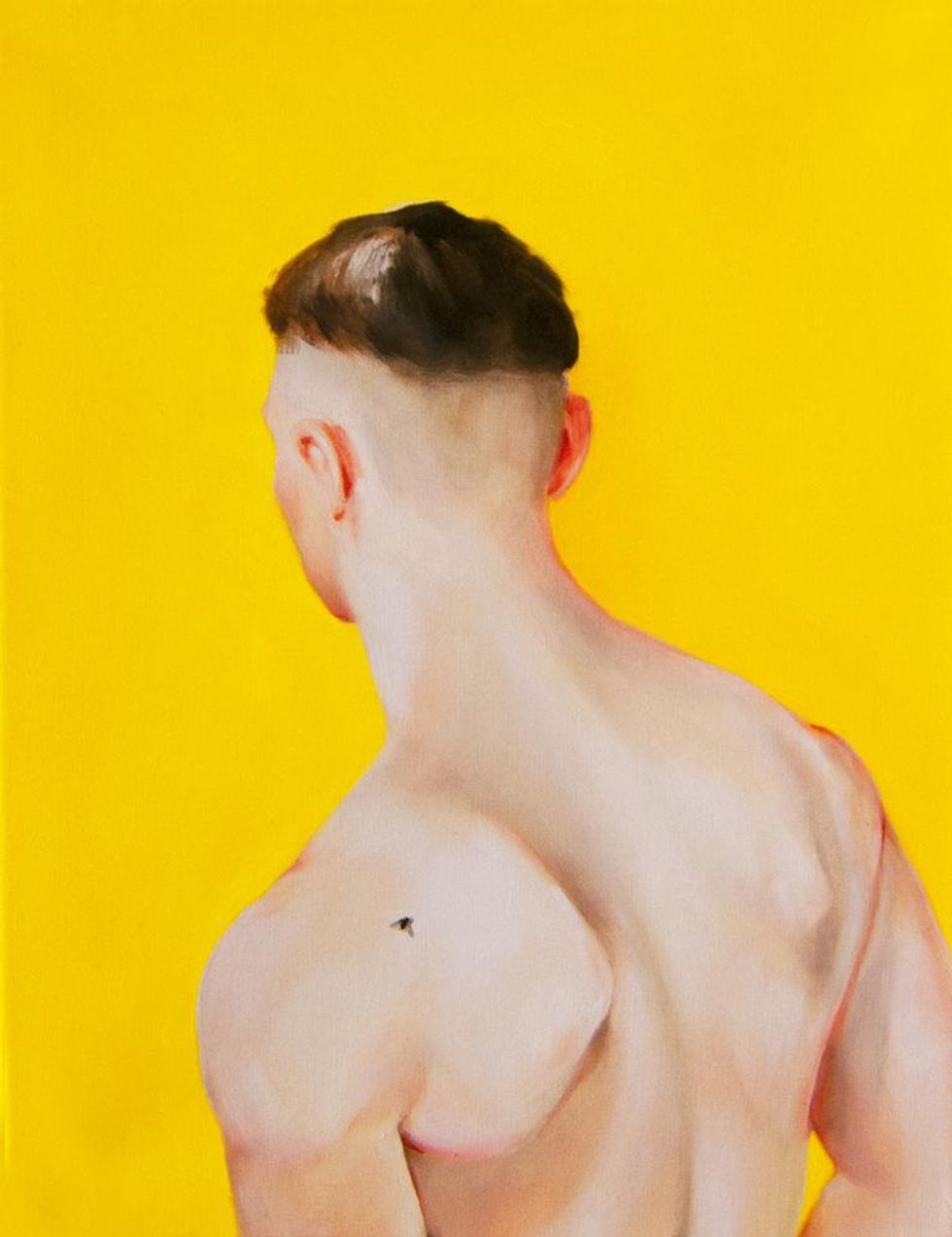 A drawing of the back of a man with a high top hair cut.