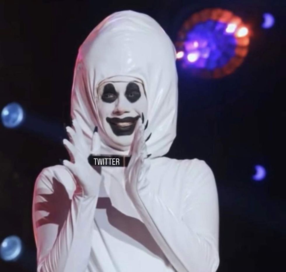 A fan edit of \u200bJimbo holding a lipstick to eliminate X/Twitter from the competition; originally seen on \u200bRuPaul's Drag Race All Stars\u200b season 8