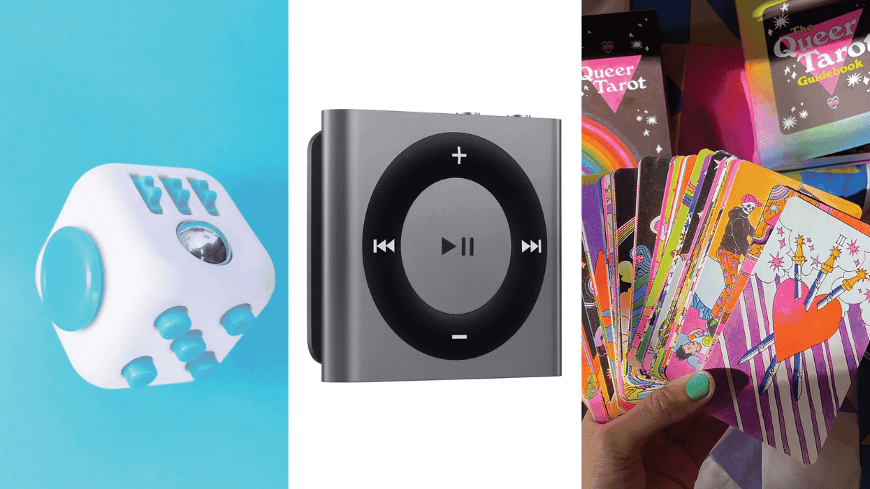a Fidget Cube, an iPod Shuffle, and a Queer Tarot deck