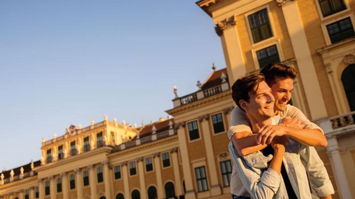 A happy couple basks in the Viennese sunset.