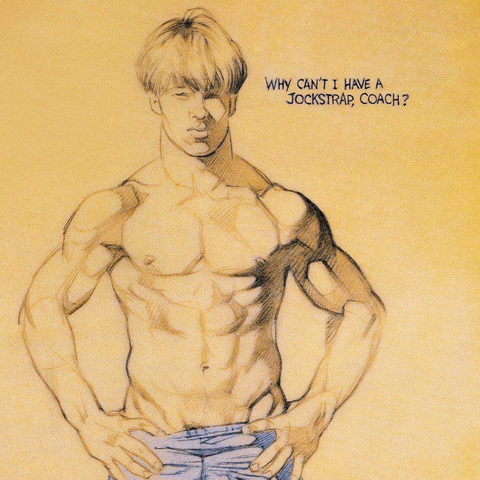 A Harry Bush illustration shows a muscular shirtless man pulling down his shorts beside the words, \u201cWhy can't I have a jockstrap, coach?\u201d