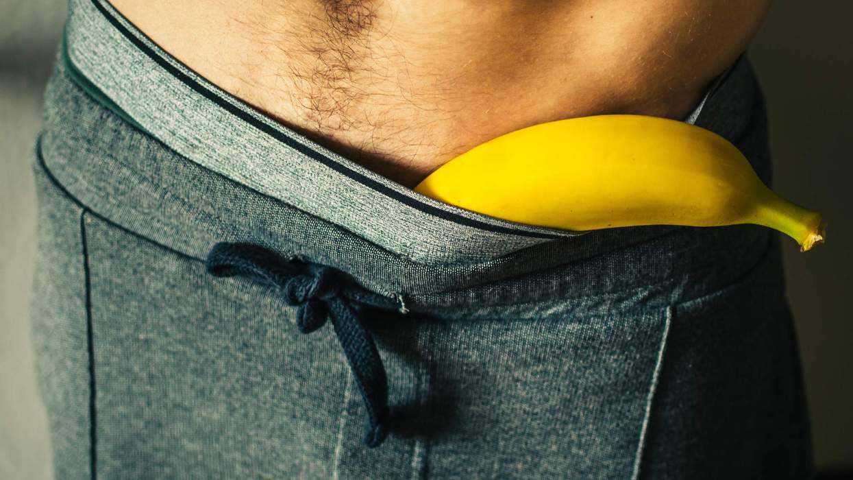 A man with a banana in his pants.
