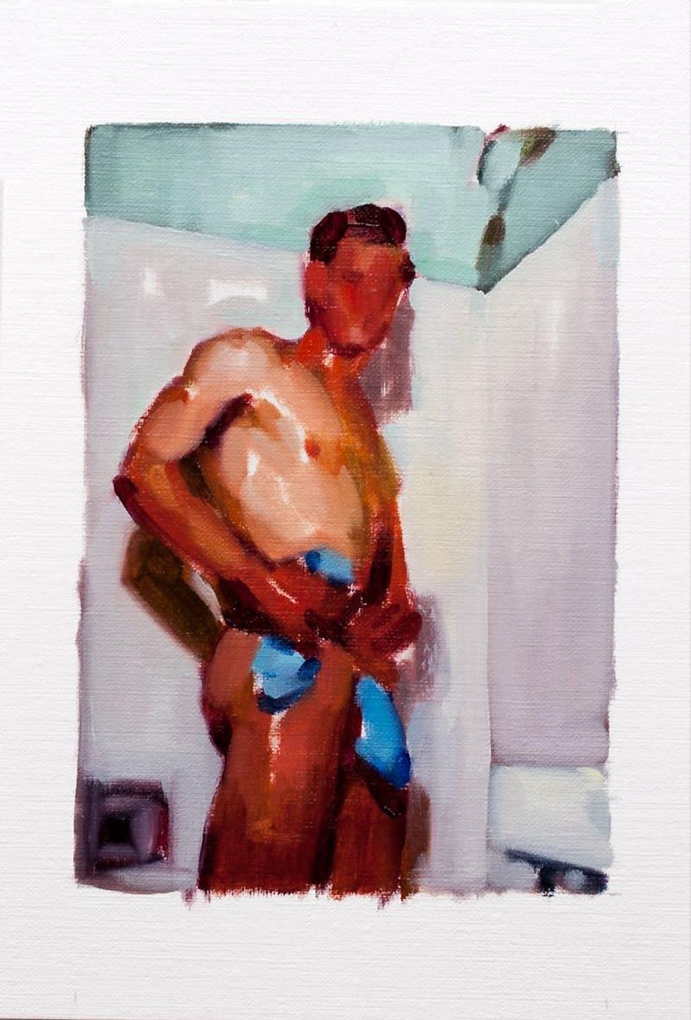 A painting of a man standing in his underwear.
