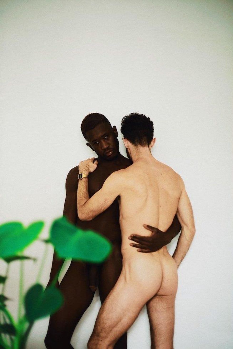 A photo of two nude men in each other's arms.