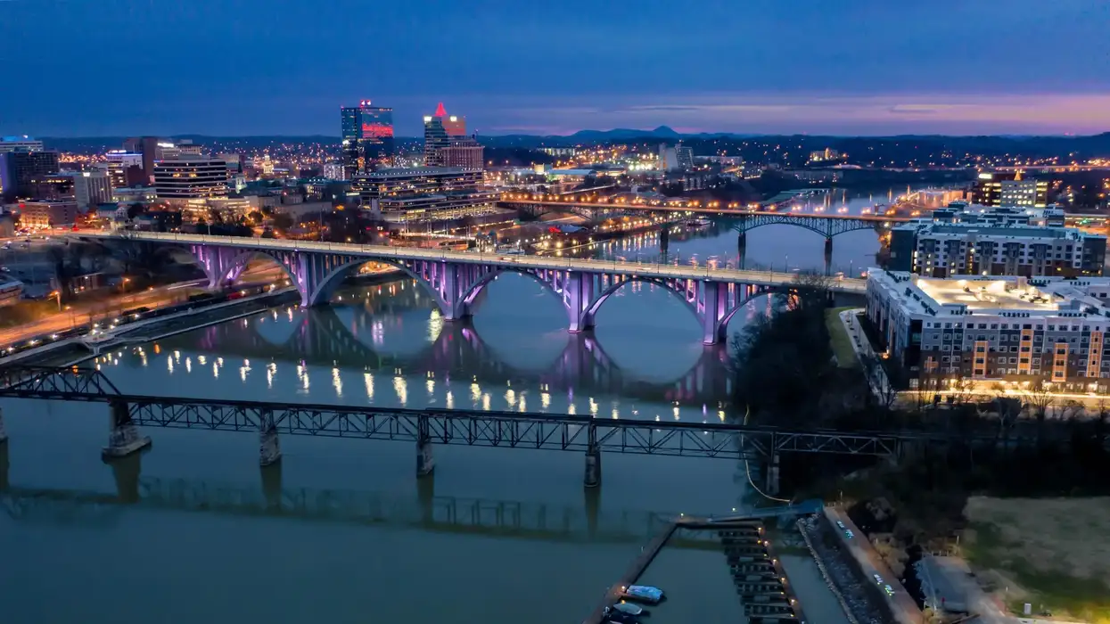A pre-dawn shot of Downtown Knoxville over the Tennessee River