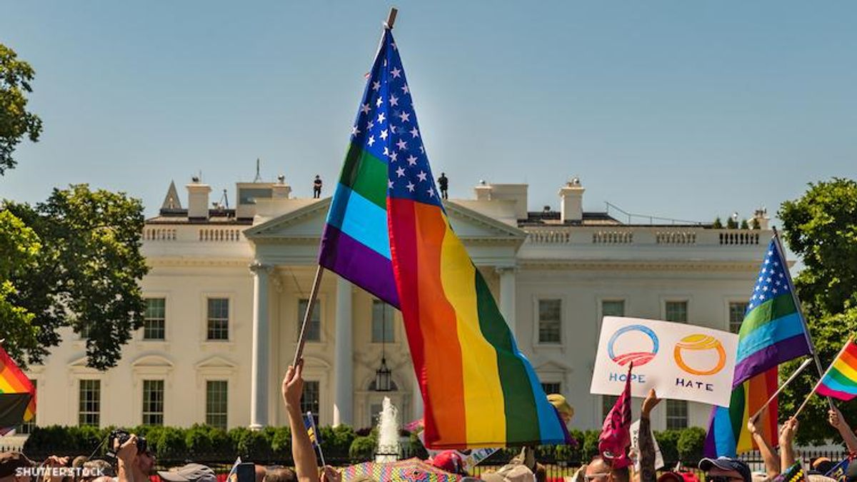 A Pride flag in front of the White House.