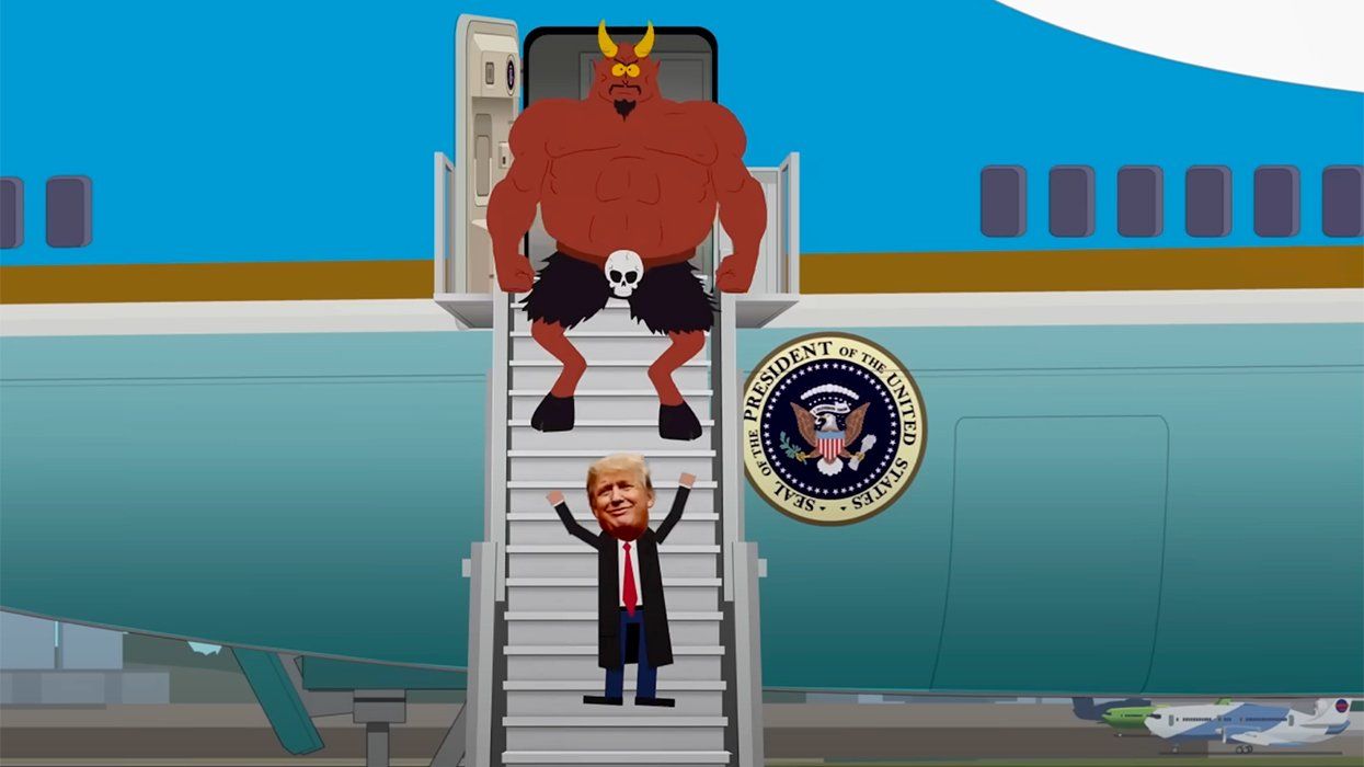 A screen grab from South Park season 27 episode 4 shows an animated Donald Trump and Satan exiting Air Force One