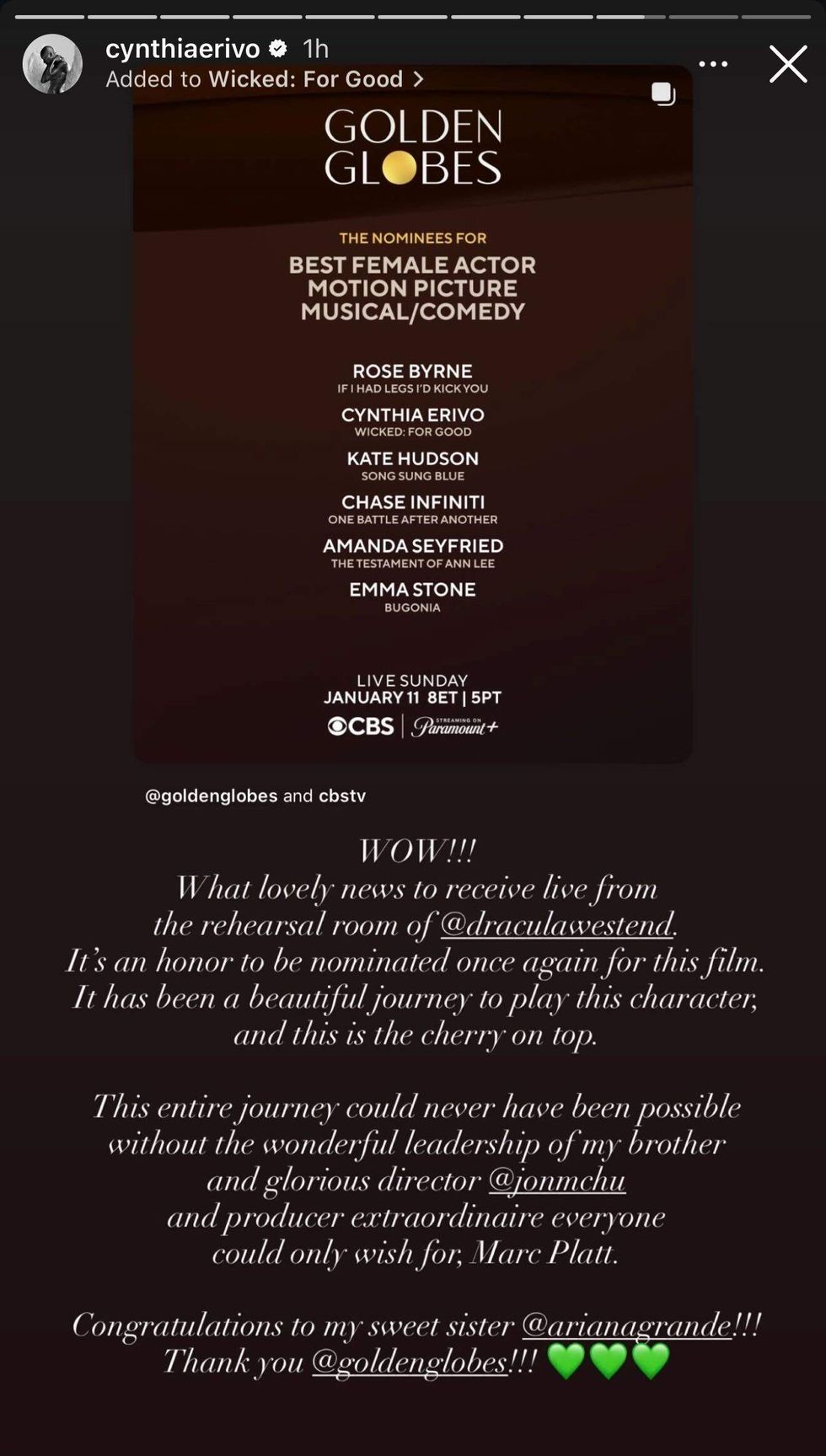 A screenshot of Cynthia Erivo's Instagram story