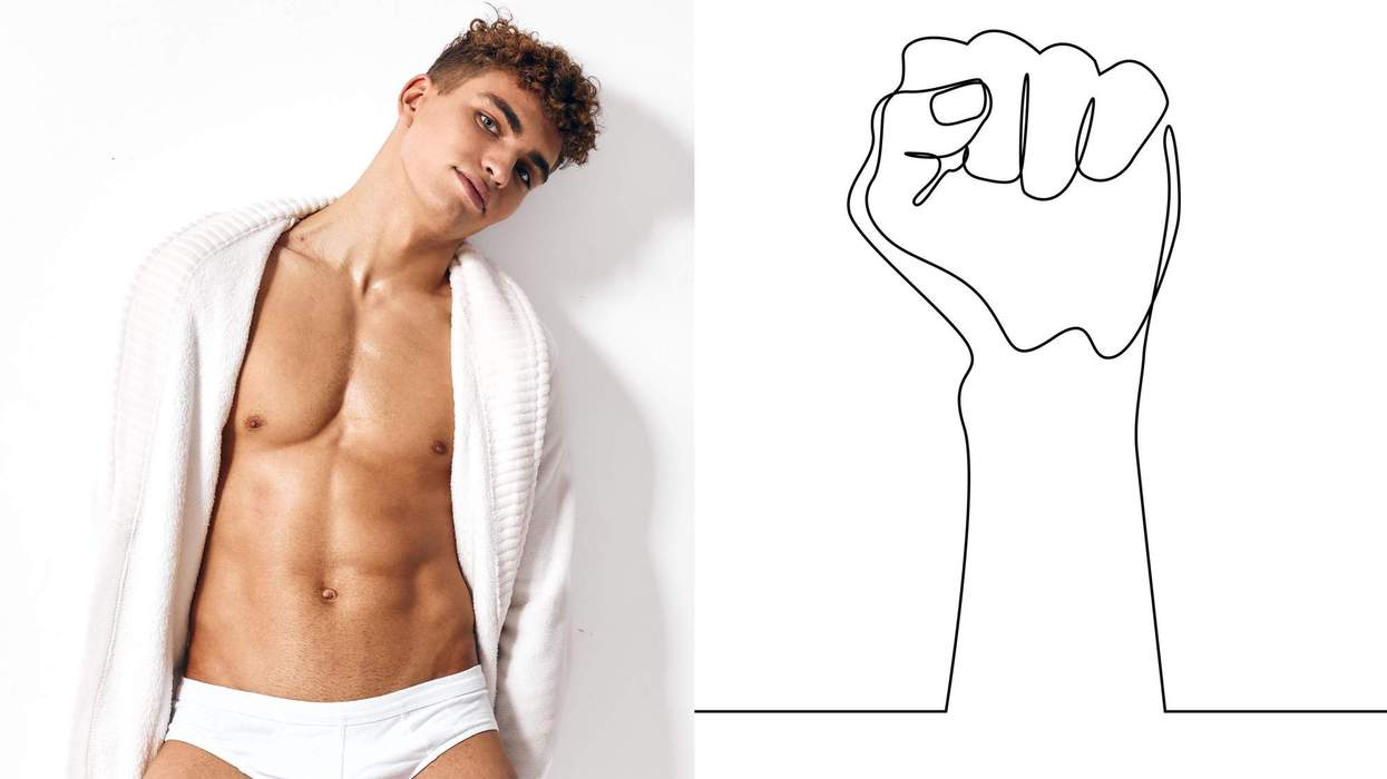 A shirtless man in a robe and a line drawing of a fist