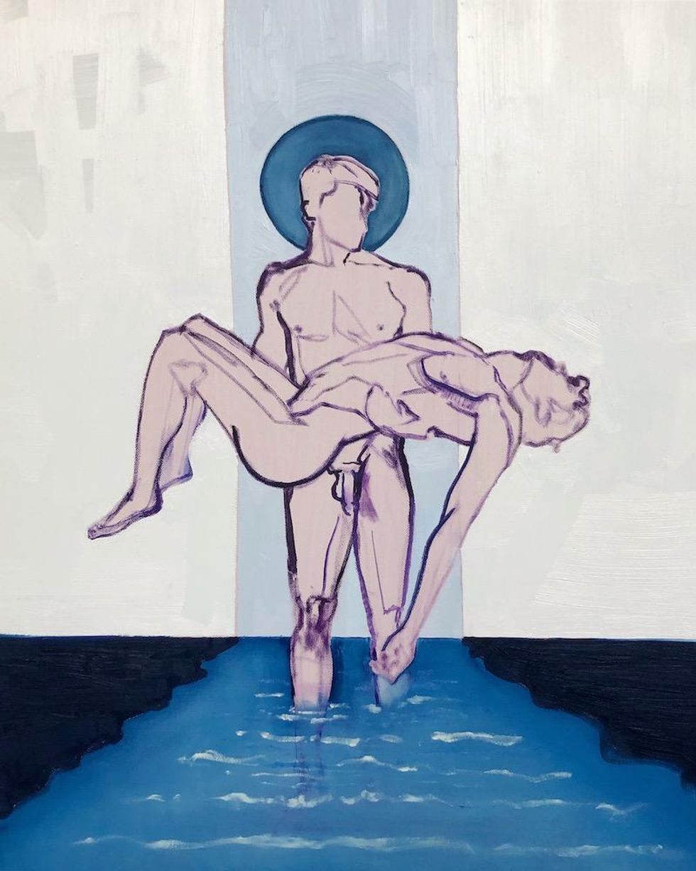 A sketch of a man carrying another man.