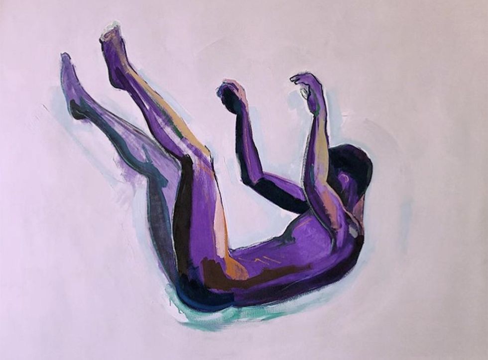 A sketch of a naked man falling on a pink background