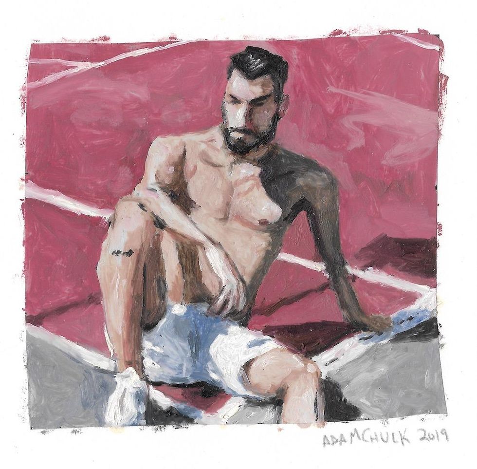 A sketch of a shirtless guy sitting on a tennis court.