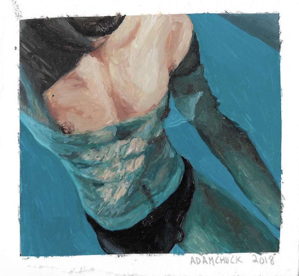 A sketch of a shirtless guy with abs wearing a speedo taking a self half in a pool.