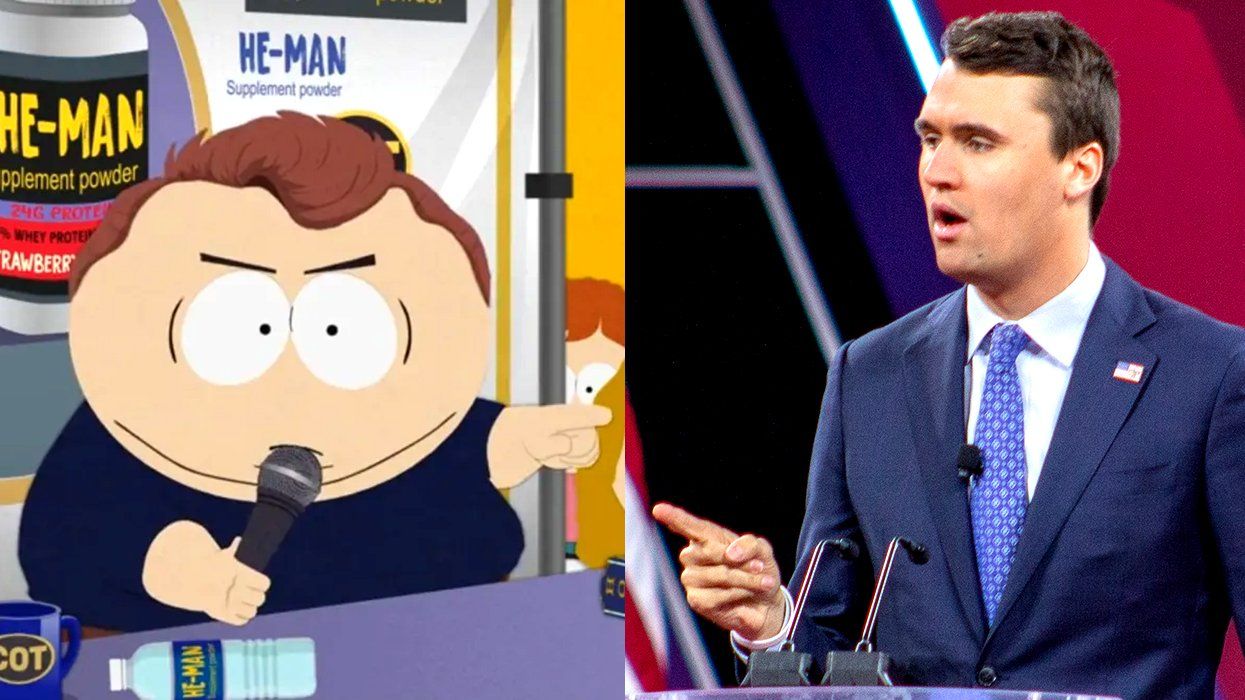 A still from an episode of South Park featuring Charlie Kirk and Charlie Kirk speaking at a convention