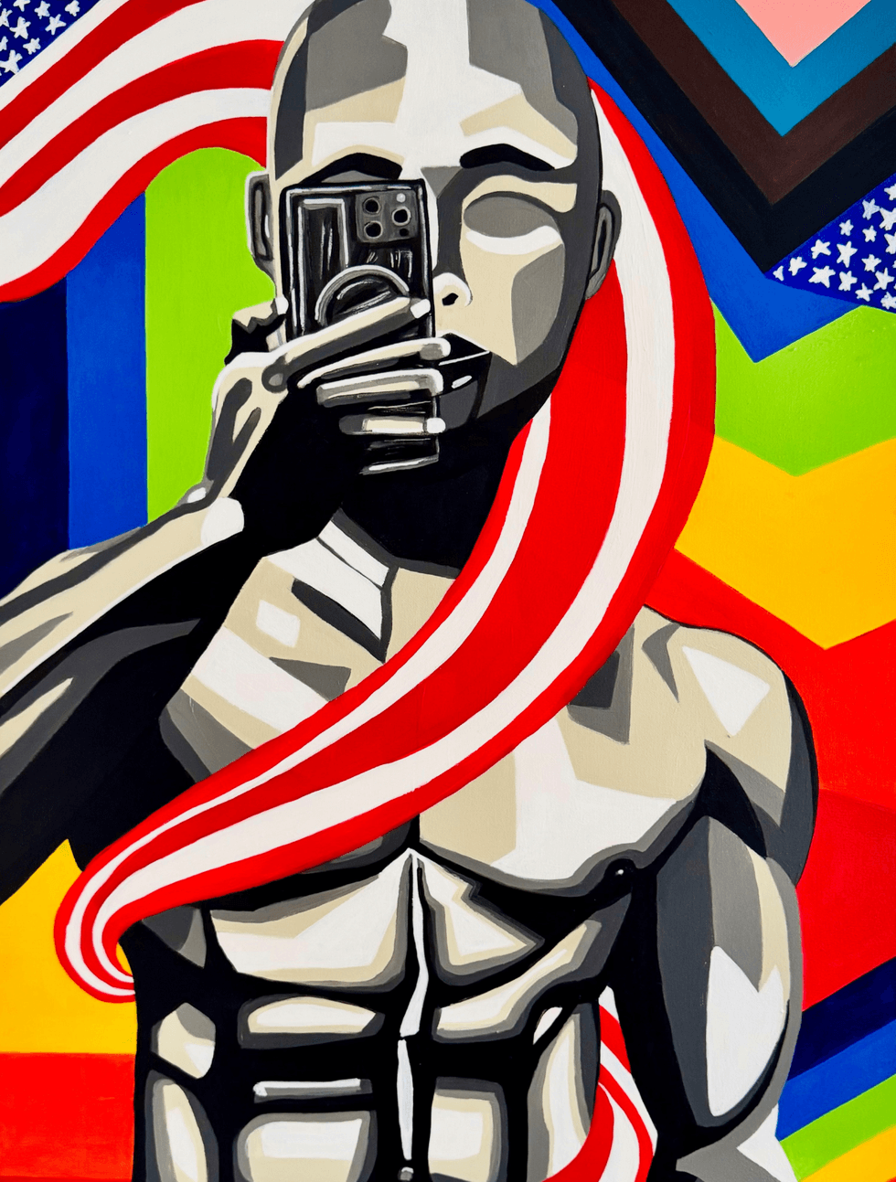 A stylized painting of a Black figure holding a camera, set against a background blending rainbow colors, the Pride flag, and elements of the American flag