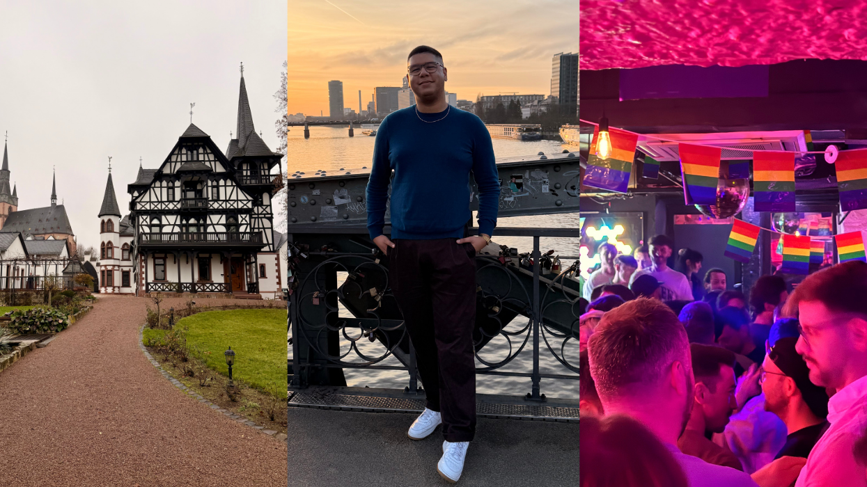 A traditional German building; a man posing in front of a cityscape on a bridge; a bar filled with patrons and gay pride flags
