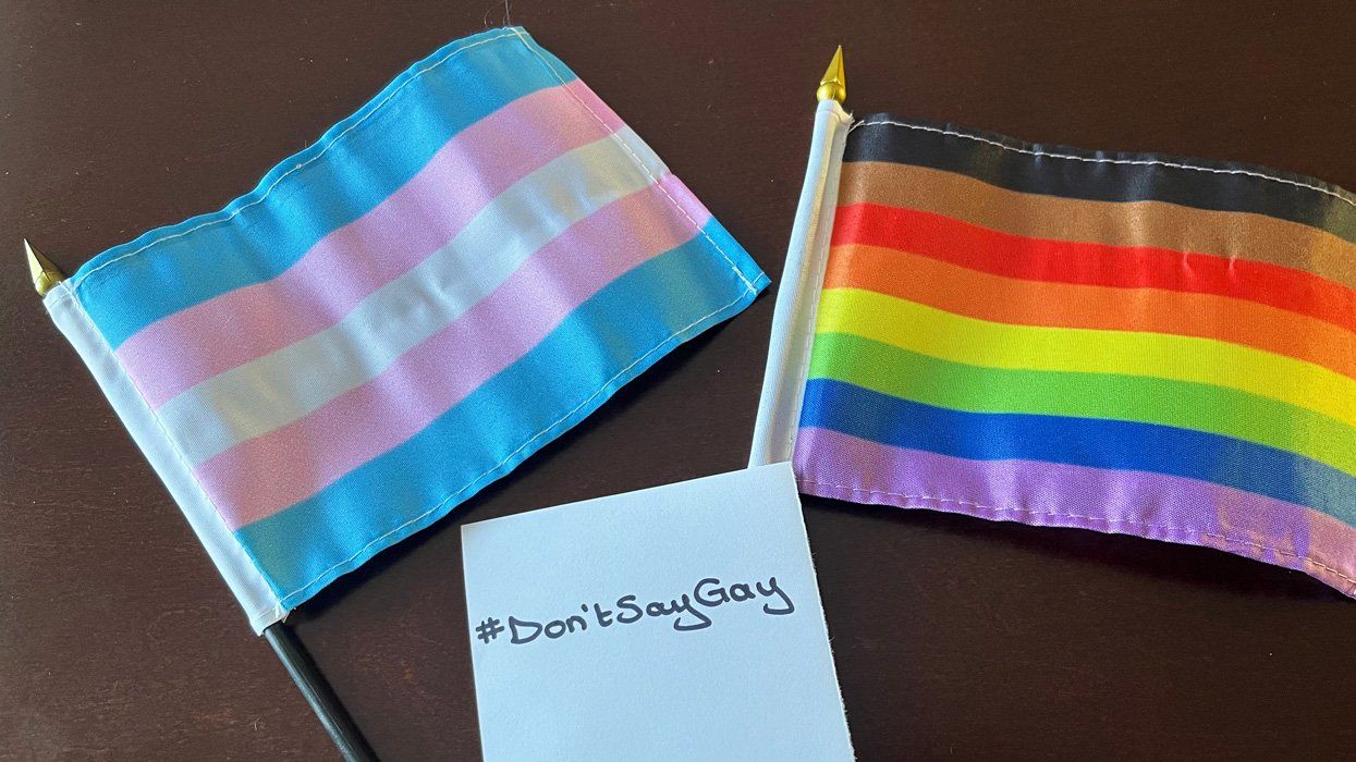 a trans flag and rainbow flag and a note that says don't say gay