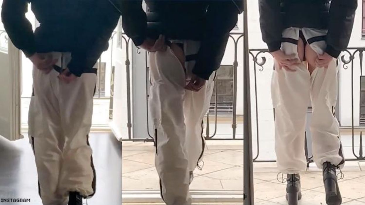 A triptych of a model walking while opening the back of their pants.