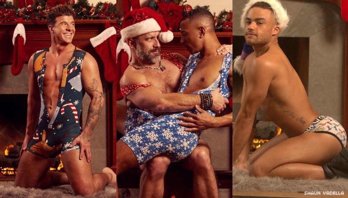 A triptych of porn performers styled in Christmas garb.
