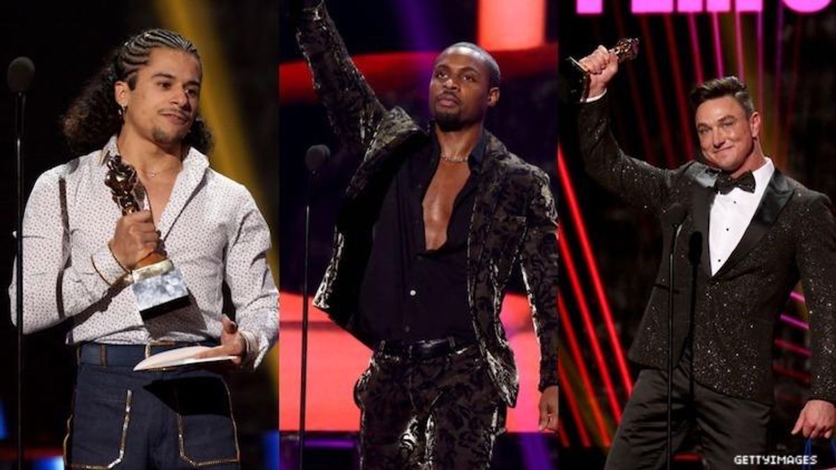 A triptych of porn stars at the GayVN 2020 Awards. 