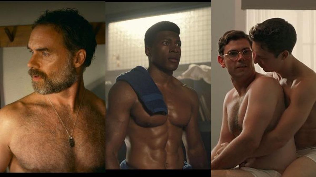 A triptych of shirtless guys from TV and film. 