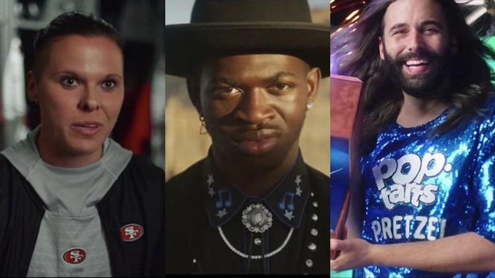 A triptych of stills from Super Bowl commercials.