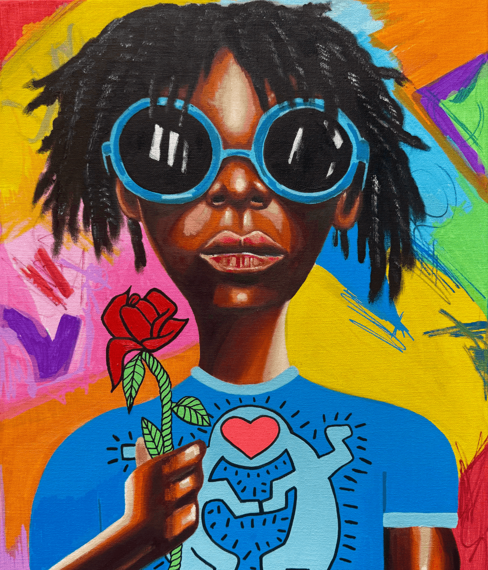 A vibrant painting of a Black figure wearing blue sunglasses and holding a red rose against a colorful background.