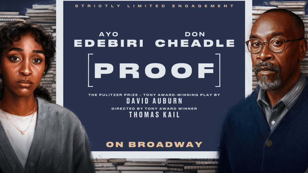 A woman and a man in front of the words "Proof"