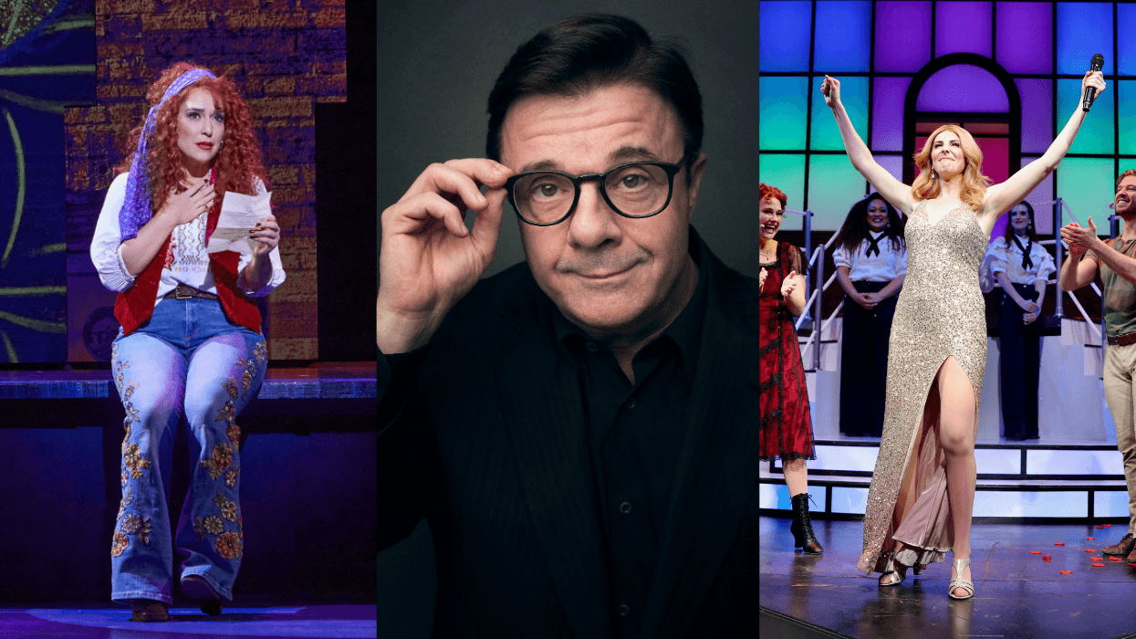 A woman holding her hand to her chest and a letter; A man smirking and holding his glasses; a woman holding her hands up in a sparkly dress