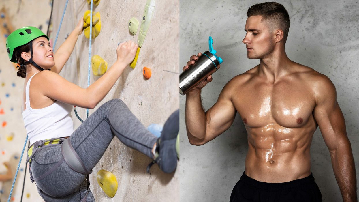 A woman rock climbing and a shirtless man