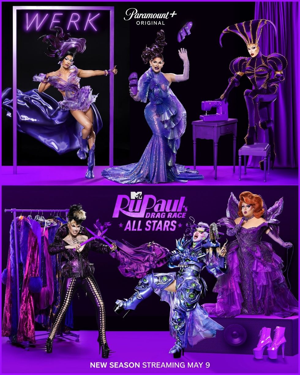 (ABOVE) Denali, Cynthia Lee Fontaine, Alyssa Hunter, (BELOW) Daya Betty, Acid Betty, and Ginger Minj on RuPaul's Drag Race All Stars 10