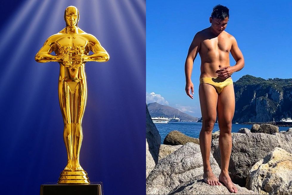Academy Award Statuette next to Man in gold Speedo