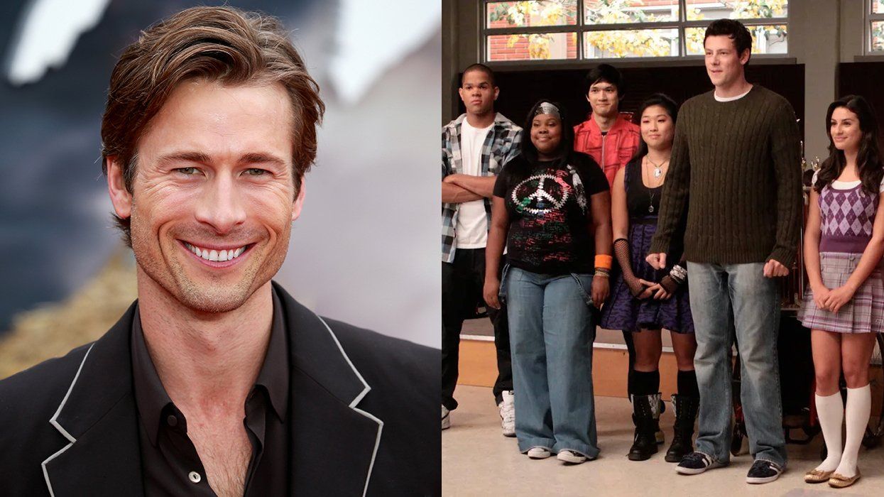 Actor Glen Powell promoting the film Twisters and a scene from season 6 of the TV series Glee