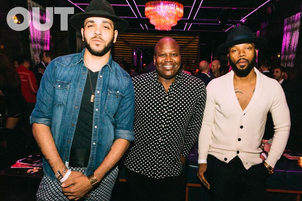 Actor Titus Burgess (center), actor Dustin Ross (right) and guest (left)