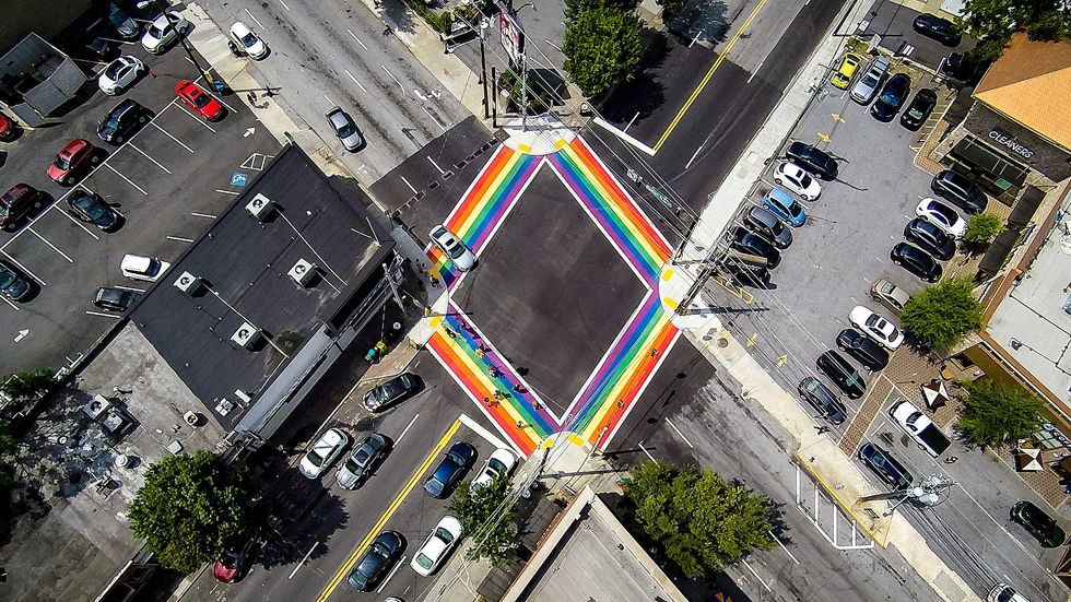 Aerial View of the Rainbow Crosswalk in Midtown Atlanta