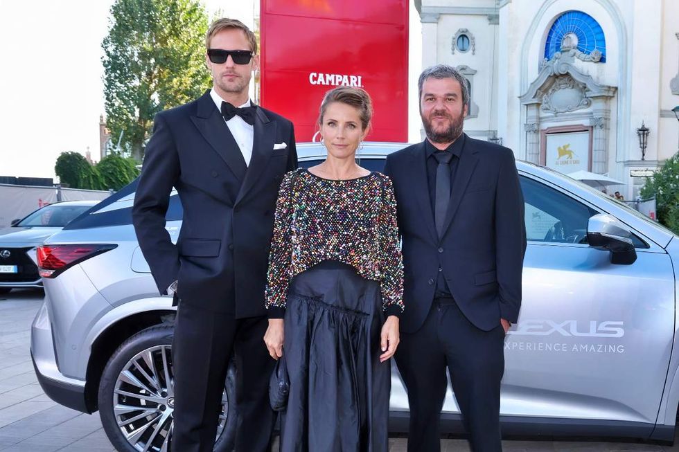 Alexander Skarsgard and Tuva Novotny \u2014 alongside Christos Nikou \u2014 at the 2024 Venice International Film Festival at Palazzo del Cinema in Venice, Italy