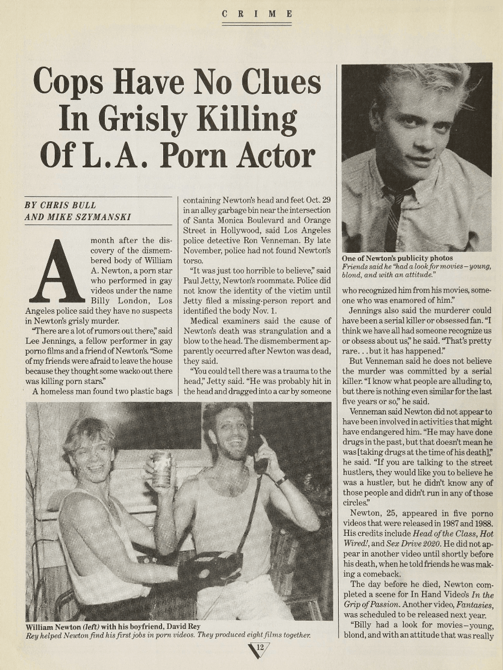 An Advocate article from 1990 with the headline, \u200b'Cops Have No Clues In Brutal Killing Of L.A. Porn Actor.'