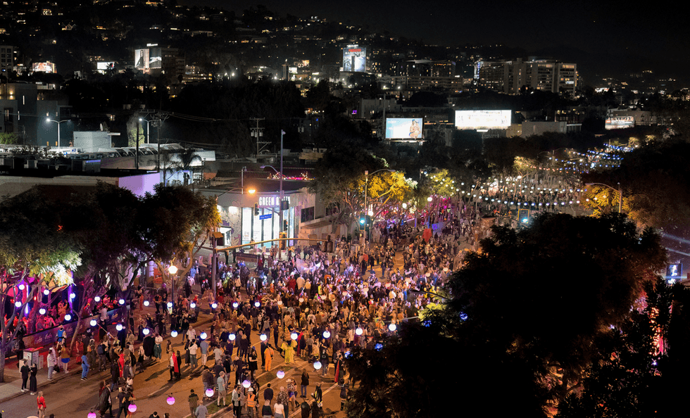 An elevated view of Halloween Carnaval on Santa Monica Boulevard.